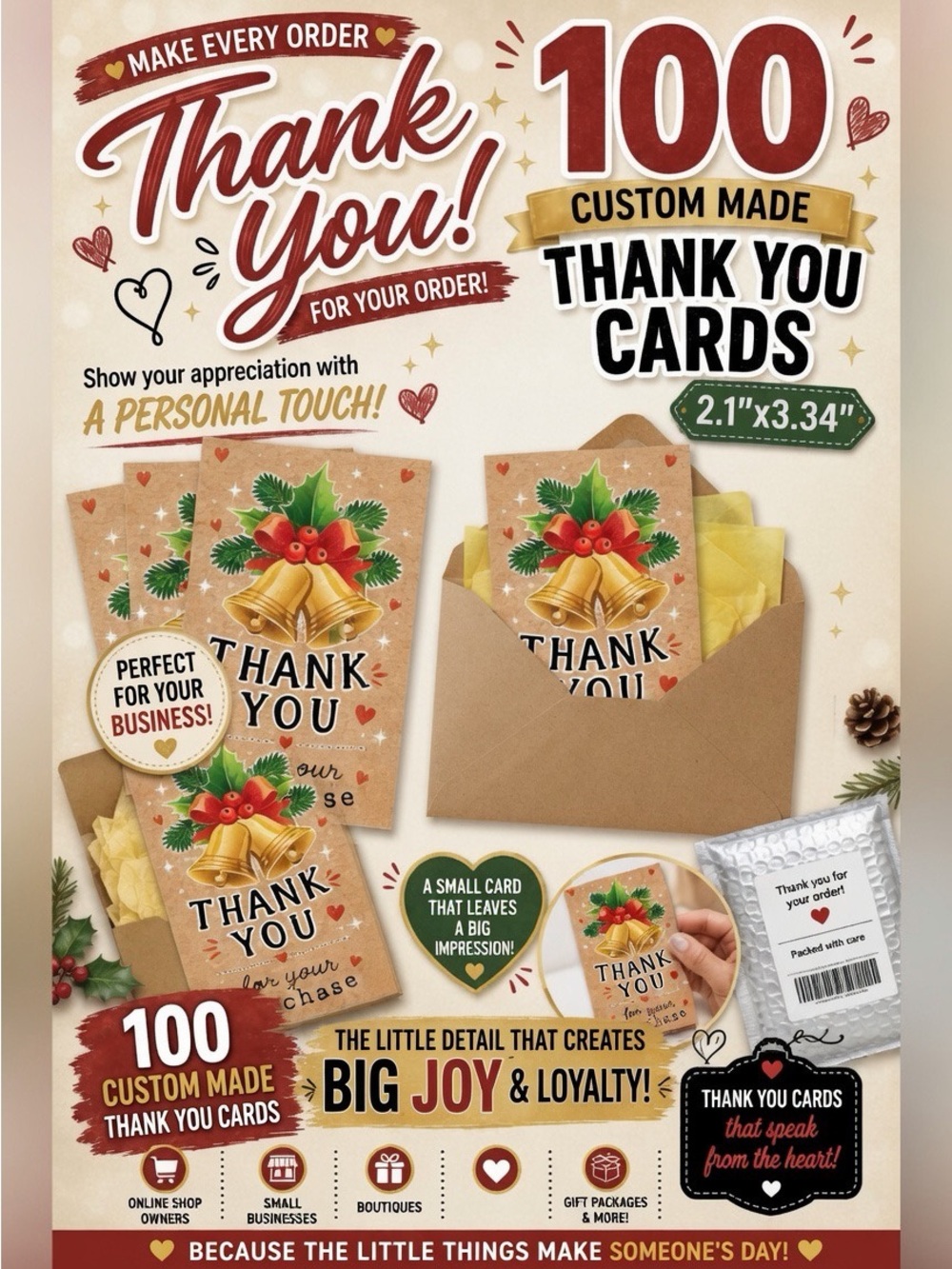 Custom Holiday Thank You Cards - Kraft Brown (100 Pack)
